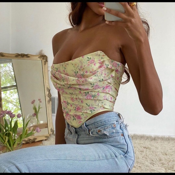 House of CB Tops - House of CB Vivienne lemon floral corset crop top yellow